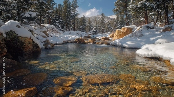 Obraz Clear, icy stream flowing through snowy landscape.