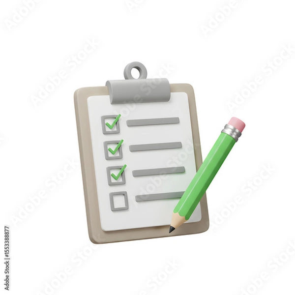 Obraz 3D Render of Checklist Clipboard with Green Pencil – Task Management and To-Do List Planning, Isolated on White or Transparent Background