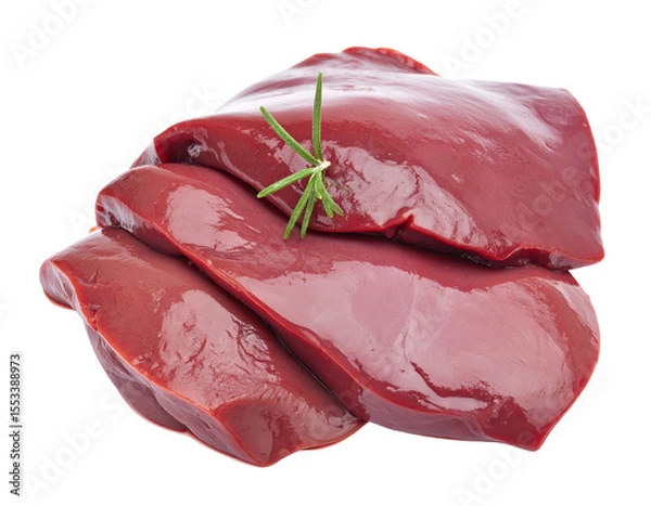 Fototapeta Sliced Raw Beef Liver with Rosemary Sprig on a Transparent Background Showing Detailed Texture and Red Tones