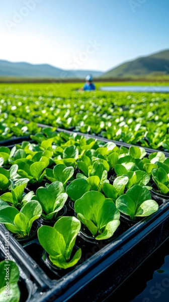 Obraz Young lettuce plants growing in trays outdoors with mountains and a blue sky in the background.