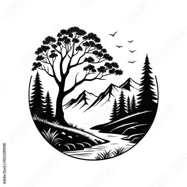 Fototapeta Nature Landscape Logo Design – Mountain, River & Pine Tree Scene in Circle Badge Style


