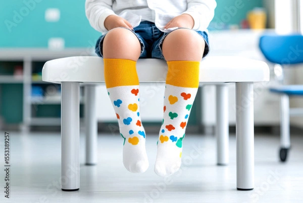 Obraz A child sits on a white bench wearing colorful socks with heart patterns and rolled-up denim shorts in a bright, modern indoor setting.