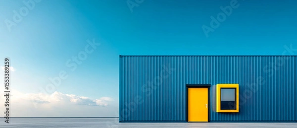Obraz A minimalist blue building with a yellow door and window frame stands against a vast sky and calm sea horizon.