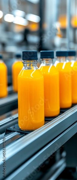 Obraz Bottles filled with orange juice move along a production line in a clean, modern bottling facility.