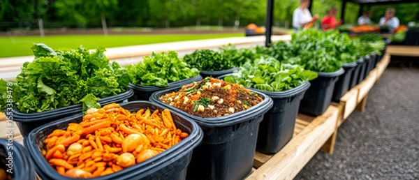 Obraz Outdoor market display featuring fresh leafy greens and various organic vegetables in black containers on wooden tables.