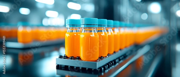 Obraz Bottles of orange juice neatly lined up on a conveyor belt in a modern, automated production facility.