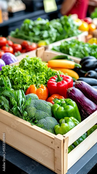 Obraz A wooden crate filled with fresh, colorful vegetables including bell peppers, broccoli, eggplants, leafy greens, and carrots at a market or store display.