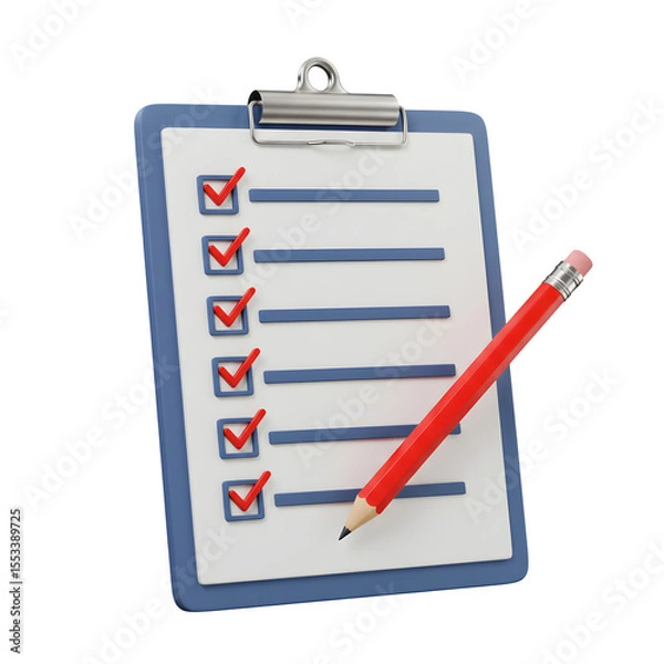 Obraz 3D Render of Checklist Clipboard with Red Pencil – Task Management and To-Do List Planning, Isolated on White or Transparent Background