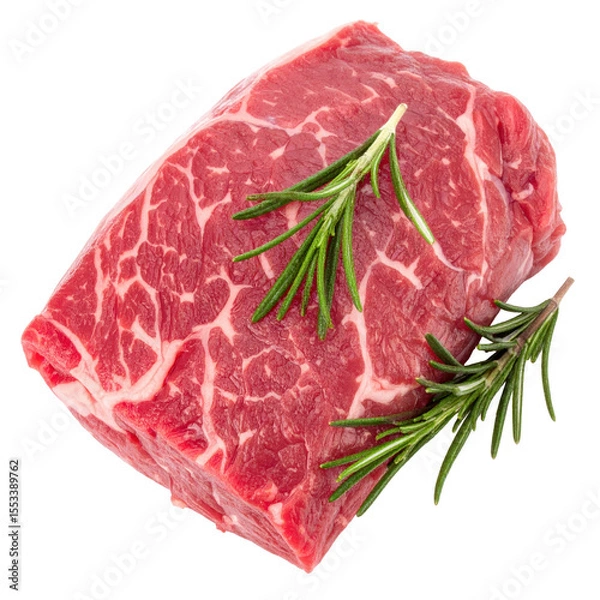 Fototapeta Raw Beef Steak with Fresh Rosemary Sprigs Isolated on Transparent Background Showing Detailed Red Meat Texture