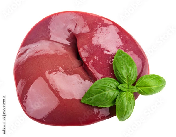 Fototapeta Fresh Beef Liver with Green Basil Leaf Isolated on Transparent Background Displaying Detailed Texture and Red Color Palette