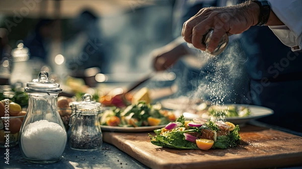 Fototapeta Chef preparing a fresh salad with colorful vegetables and herbs in a bustling outdoor kitchen at a sunny afternoon event Generative AI