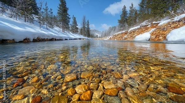 Obraz Sparkling, clear riverbed with stones in winter sunlight.