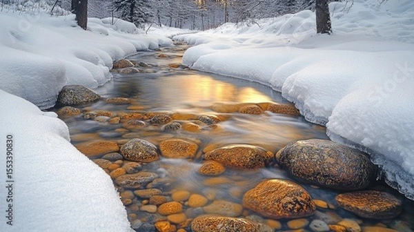 Obraz Winter stream flows through a bed of stones.
