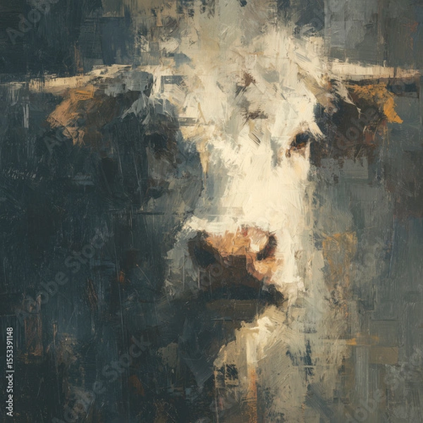 Fototapeta Abstract Painted White Highland Cow – Thick Brush Stroke Animal Art on Dark Background