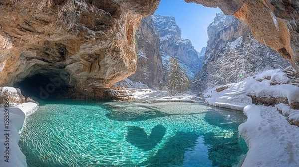Obraz Turquoise river flowing through a snow-covered mountain canyon.