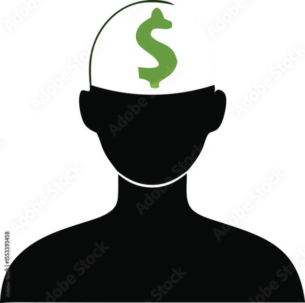 Obraz Silhouette of a human head with a prominent green dollar sign symbolizing financial thoughts and wealth accumulation in the mind