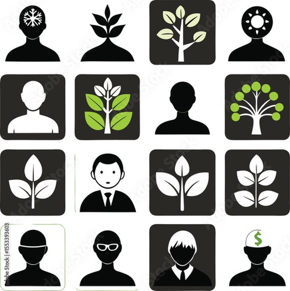 Obraz Collection of stylized human silhouette icons representing diverse concepts like growth intellect and financial thinking