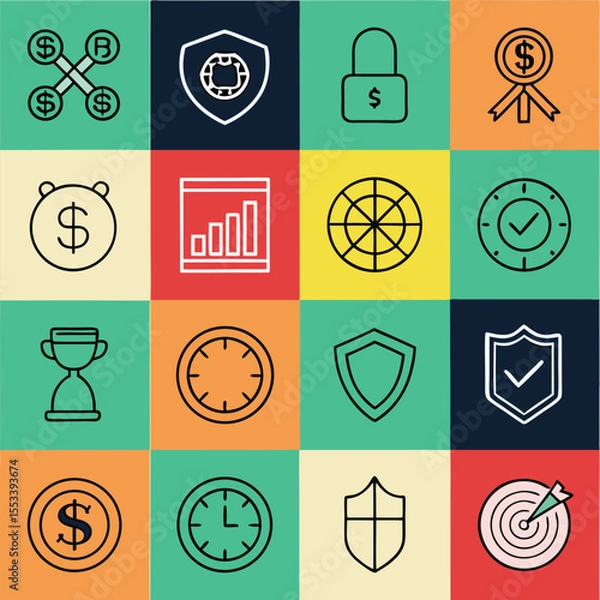 Obraz Collection of financial and business icons including currency security time and achievement symbols arranged in a grid