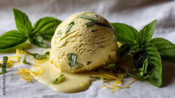 Fototapeta A scoop of lemon basil ice cream with a soft yellow hue and basil leaves, melting on a white surface