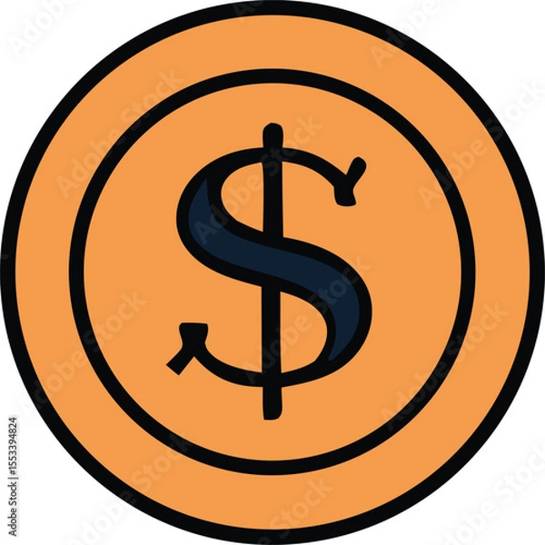 Obraz A simple stylized illustration of a golden coin featuring a prominent dark blue dollar sign at its center