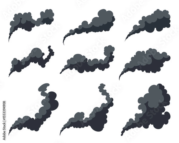 Fototapeta A collection of nine stylized dark gray smoke plumes rising on a clean white backdrop, creating a graphic illustrating pollution, fire, or industrial discharge.