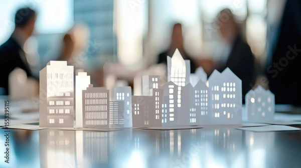 Obraz Business professionals engage in real estate strategy discussions with architectural models displayed in the foreground

