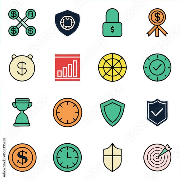 Obraz Collection of financial and business icons including dollar signs shields clocks a trophy a target and a lock symbolizing security and success