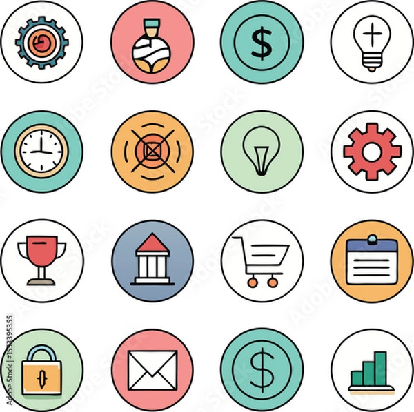 Obraz A collection of circular business and finance icons representing concepts like achievement money ideas and security