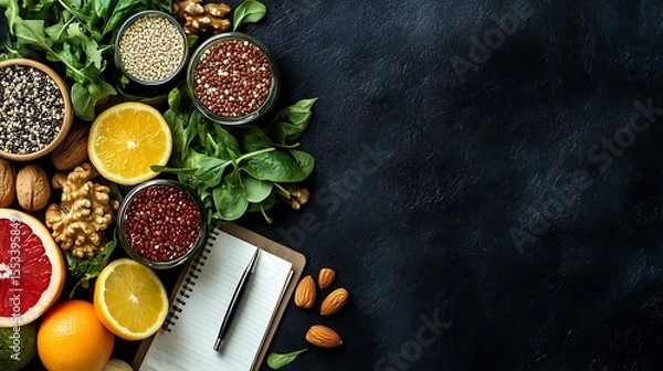 Obraz Healthy ingredients such as quinoa, fresh greens, citrus fruits, and nuts, arranged neatly on a kitchen counter with a notepad and pen beside them. The right side of the image is kept for promote.