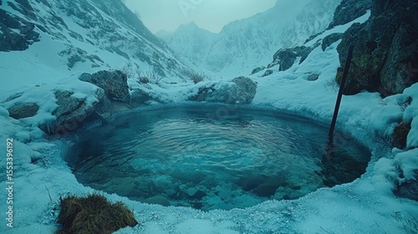 Obraz Frozen mountain spring surrounded by snow and ice.