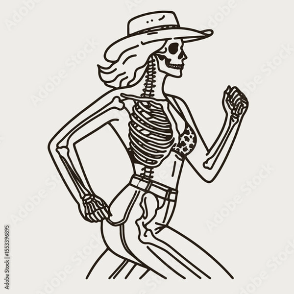 Obraz Cowgirl Female skeleton with leopard print jogging. Cowboy Western American Cartoon Animal Clipart Line Art Vector Illustration. girl bone structure in spotted legging doing run exercise.