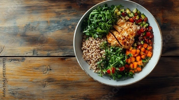 Obraz Warm grilled chicken salad with vetgetable. Close up. Top view. wooden background.