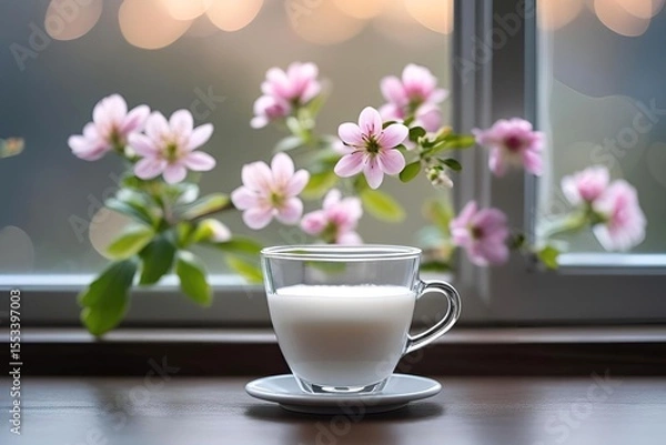 Fototapeta Hot milk served in a cup by the window overlooking the outside view and pink flowers | Illustration