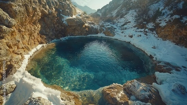 Obraz Turquoise pool nestled in a snowy mountain hollow.