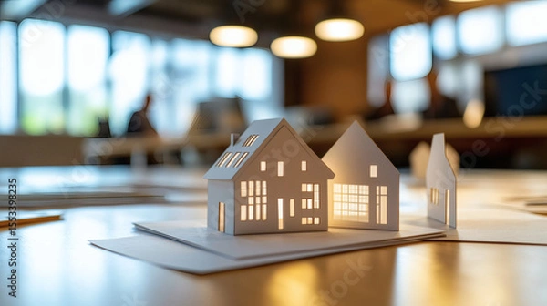 Obraz Business professionals engage in real estate strategy discussions with architectural models displayed in the foreground
