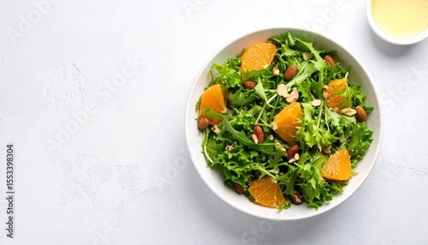 Fototapeta Modern salad plant-based concept. Fresh salad with kale and orange slices in a bowl.
