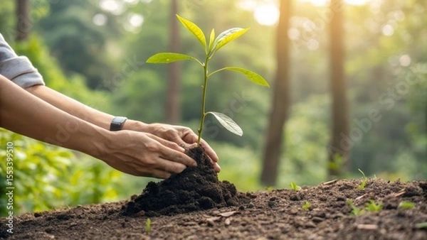 Fototapeta eco-conscious consumer concept. Planting a young sapling in rich soil under sunlight.
