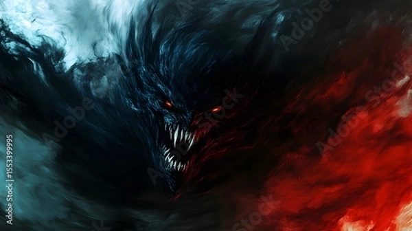Fototapeta Fantasy creature with glowing eyes and sharp teeth digital art for desktop wallpaper and background design