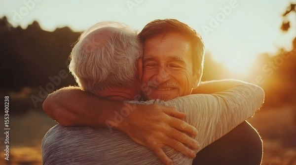 Fototapeta Father and son hugging each other warmly in the golden sunlight showing love and family connection moment