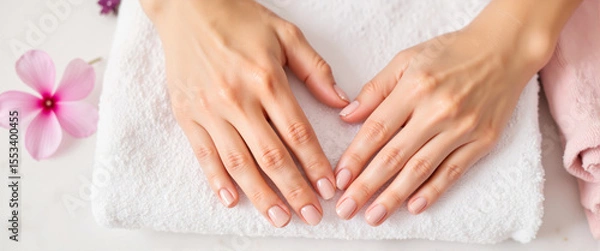 Fototapeta Serene woman's hands cleaning under fingernails in spa setting, relaxation