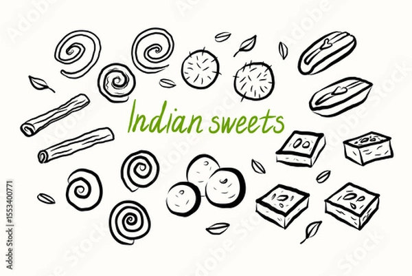 Obraz Ink sketch with Indian sweets on isolated background. Vector banner with hand drawn Barfi, candy, Gulab Jamun, Sandesh dessert, cinnamon, holiday treats, Vaisakhi. Food and traditional Hindu pastry