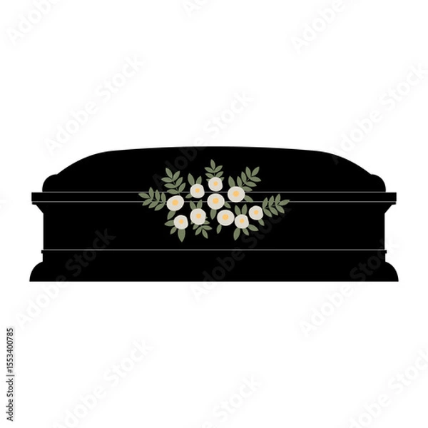 Obraz Black coffin with white flowers vector illustration for funeral. Hand drawn mourning design element for burial, farewell, grief ceremony invitation card, sign, logo. Cemetery, Christianity culture