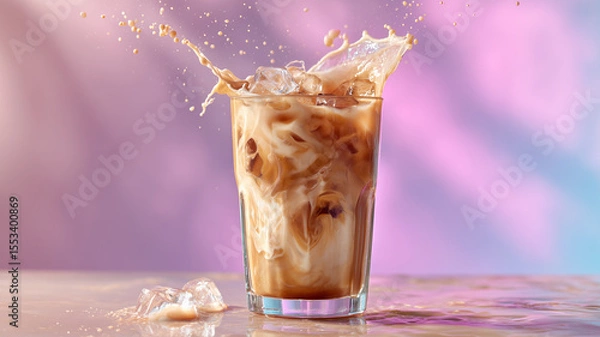 Fototapeta A clear glass filled with iced coffee and milk splashing over ice cubes on a colorful gradient background, with visible liquid motion