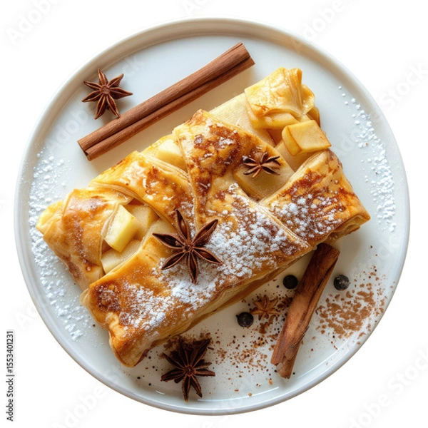 Fototapeta Delicious apple strudel served on a white plate, garnished with cinnamon sticks, star anise, powdered sugar, and a sprinkle of cocoa isolated on transparent background 