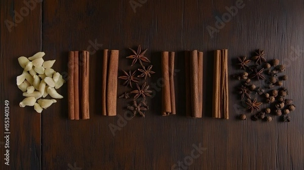 Fototapeta Top view of aromatic spices arrangement: garlic, cinnamon sticks, star anise and peppercorns on wood