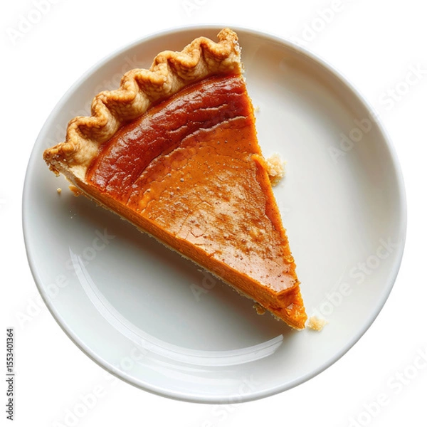 Fototapeta A slice of classic pumpkin pie with golden crust on a white plate isolated on a transparent PNG background - perfect for Thanksgiving or a cozy fall dessert.