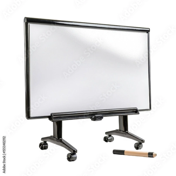 Fototapeta Mobile whiteboard on wheels with marker for presentations and brainstorming sessions in modern office environment transparent background