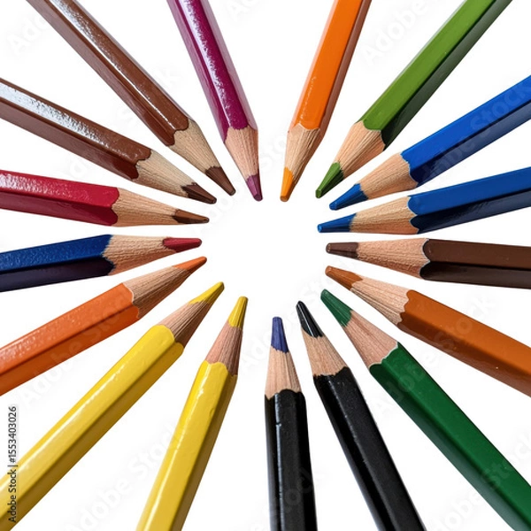 Fototapeta Vibrant and Colorful Assortment of Pencil Crayons Arranged in a Circular Pattern on a White Background transparent background