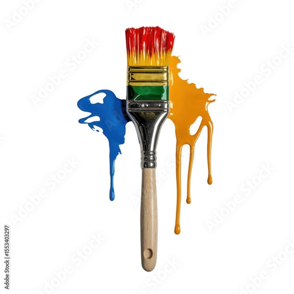 Fototapeta Colorful Paint Brush with Bright Paints Dripping from Brush and Splatter on White Background transparent background