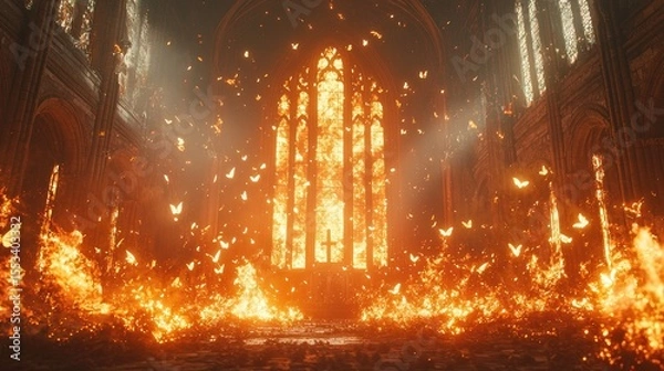 Obraz Burning cathedral interior with numerous butterflies in flames.